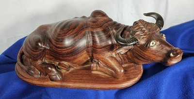 Large Antique Hand Carved Water Buffalo Good Luck Prosperity Asian Vintage 15''