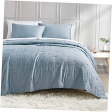 Embroidery Quilt Set 3-Piece Quilt Set Pre-Washed Microfiber Full/Queen Blue