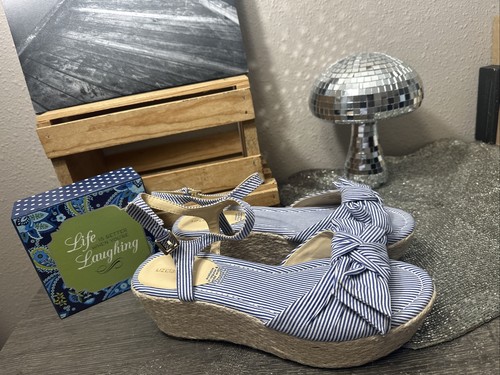 Sandalias de cuña Liz Claiborne Brooklyn azul y blanco a rayas con correa al tobillo 8,5 m nuevas sin etiquetas - Imagen 18 de 18