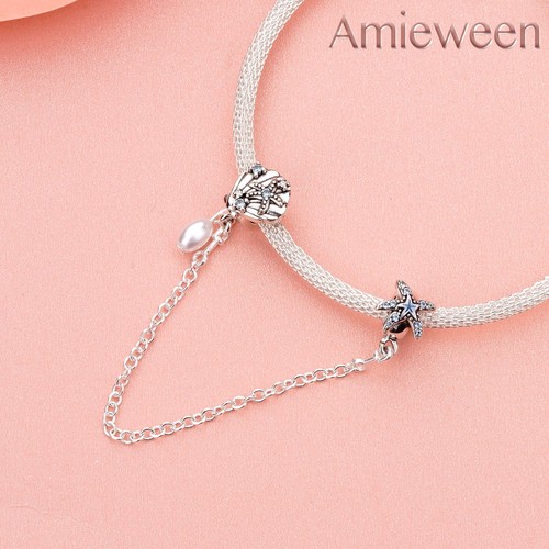 925 Sterling Silber Damen Armband Charm Muschel Seestern Sicherheitskette Perle, Com - Bild 2 von 6