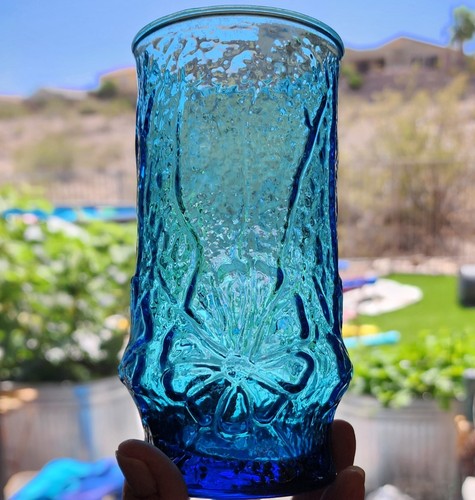 4 VINTAGE Anchor Hocking RainFlower Eistee Gläser Becher 6" Laser Blau 70er - Bild 2 von 3