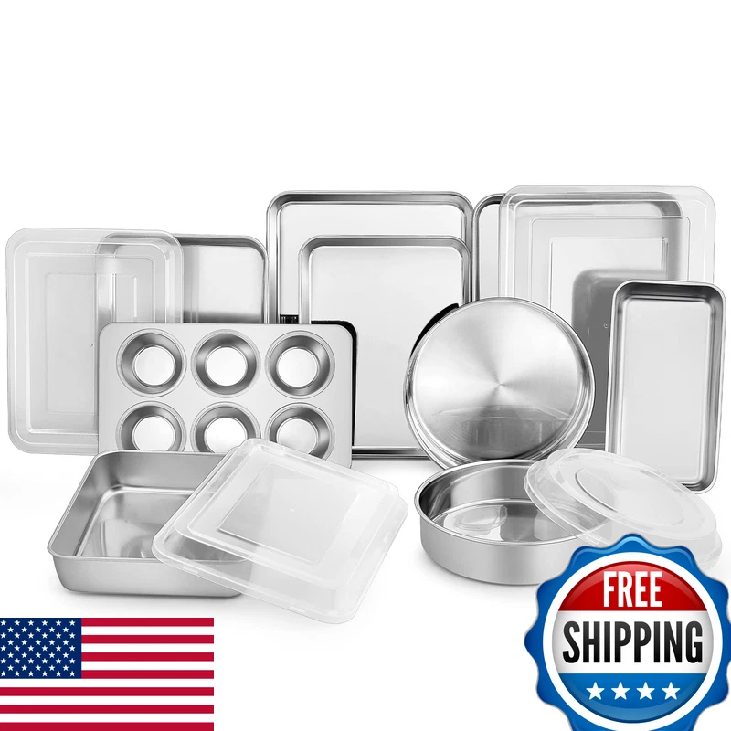 Teamfar Stainless Steel Bakeware Set 13-Piece Metal Baking Roasting Pans Lid