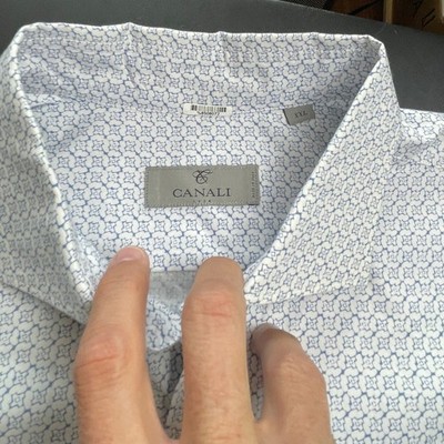 Canali Dress Shirt Mens XXL Blue White  Geometric Floral Made in Italy PERFECT