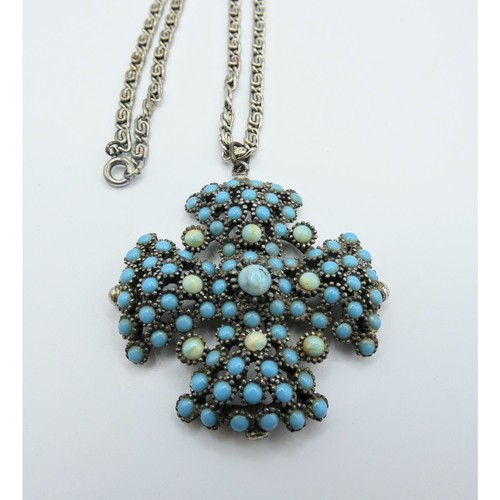 Vintage Czech Hubbell Glass Pendant Necklace Faux Turquoise Silver Bohemian - Picture 7 of 17