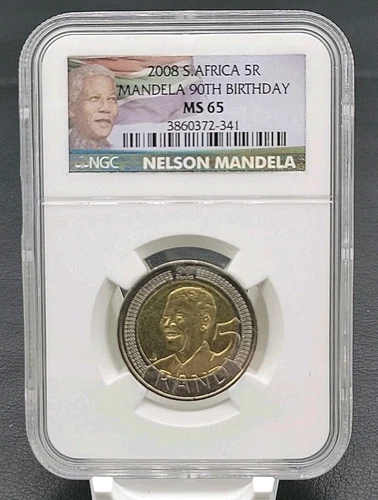 2008 South Africa 5 Rand 5R Nelson Mandela 90th Birthday Coin NGC MS65