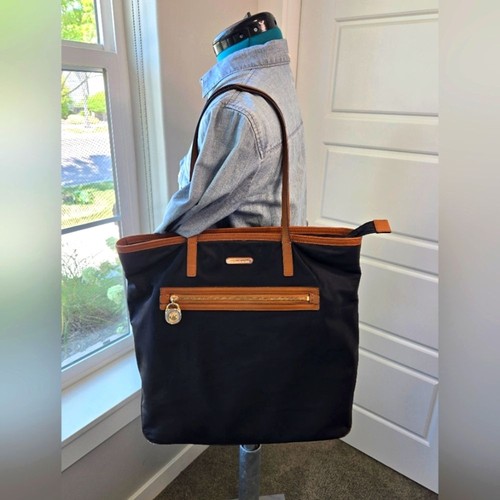 MICHAEL KORS KEMPTON NYLON TOTE BAG HANDTASCHE SCHWARZ & BRAUN GOLD HARDWARE LOCK DAMEN - Bild 2 von 16