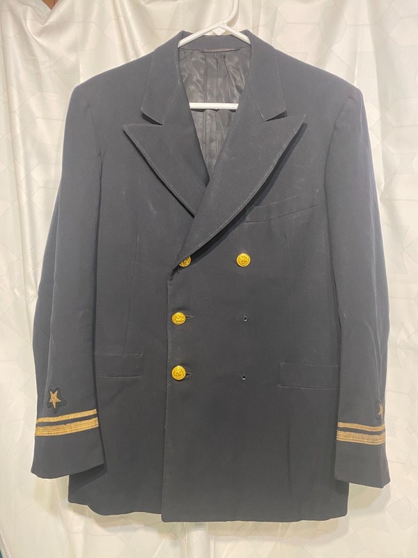 Vintage Foreman + Clark sailor's navy blazer wool brass buttons metal woven cuff