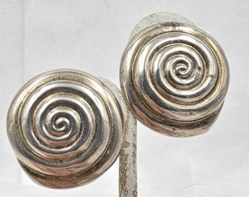 Estate Sterling Silver DESIGNER BAYANIHAN Large SWIRL modernist clipon earrings - Picture 1 of 5