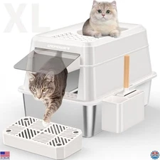 URPOWER Extra Large Stainless Steel Enclosed Cat Litter Box - Non-Sticky, Easy