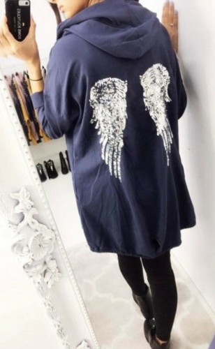 Women Sequin Angel Wings Back Over-sized Hoodie Sweatshirt Jacket Coat Cardigan - Picture 7 of 17
