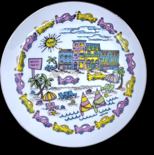 Vtg 80s Pop Art Miami Beach Party Plate Wall Hanging Decor 7” Souvenir Retro