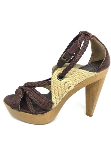 Frye 9 B Heels Leather Woven Platform Sandal Woode