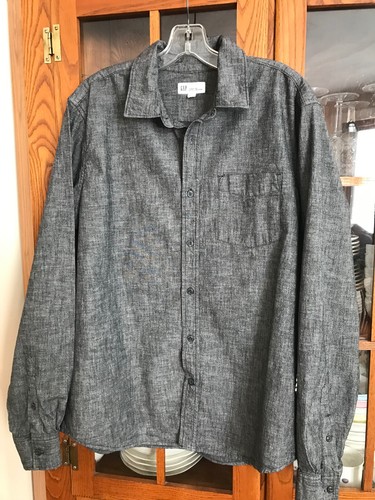 Upcycled Native American Vibe Spinning Star Patchwork Gap Chambray Shirt L grau - Bild 2 von 8