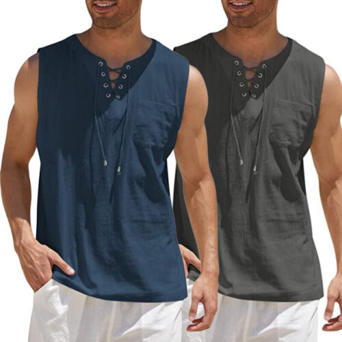 MENS Vest COTTON LINEN Tank Top Summer Training Muscle Gym Tops Pack Plain M-3XL - Picture 3 of 33