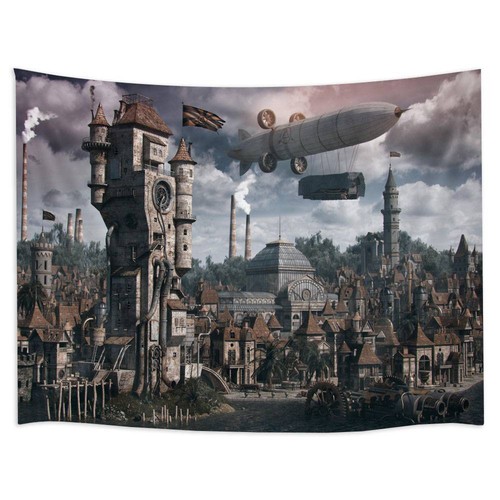 Steampunk City Fantasy Medieval Wall Art Large Tapestry Fabric Poster Background - Picture 3 of 7