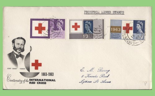 G.B. 1963 Red Cross phosphor set on First Day Cover, London-York T.P.O. cancel