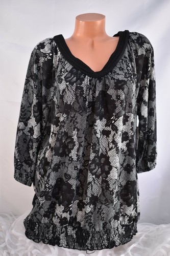 FADED GLORY (2X 18W 20W) Smocked Banded Bottom Top Braided Neck BLACK WHITE Knit