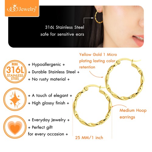 555 Schmuck Medium Twisted Draht Rund Edelstahl Reifen Ohrringe Damen Mädchen - Bild 17 von 27