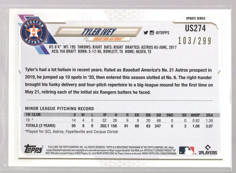 * 2021 Topps Update Orange Foilboard #US274 -TYLER IVEY [103/299] - Image 2 of 2