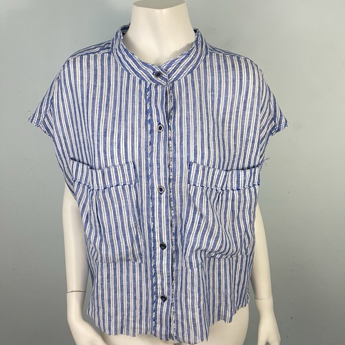 Free People We The Free Sail Away Linen Boxy Shirt Top Raw Hem Blue Sz Large - Picture 10 of 16