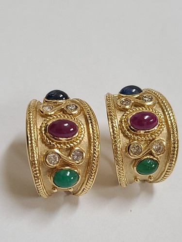 Vintage Antique Inspired Earring 14k Gold Ruby Sapphire Emerald ArtScroll Design - Picture 10 of 14