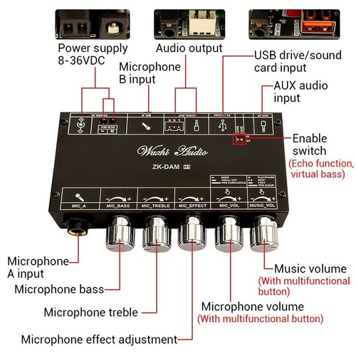 Microphone Preamplifier Board Mic Preamp w/ Bluetooth & Decoding ZK-DAM H1 8-36V - Picture 4 of 9