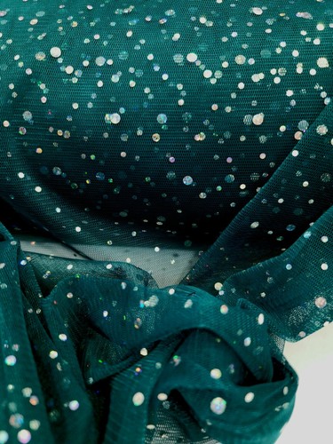 Emerald Green Mesh Fabric By The Yard Glued Sequin Iridescent On Stretch Mesh - Picture 9 of 12