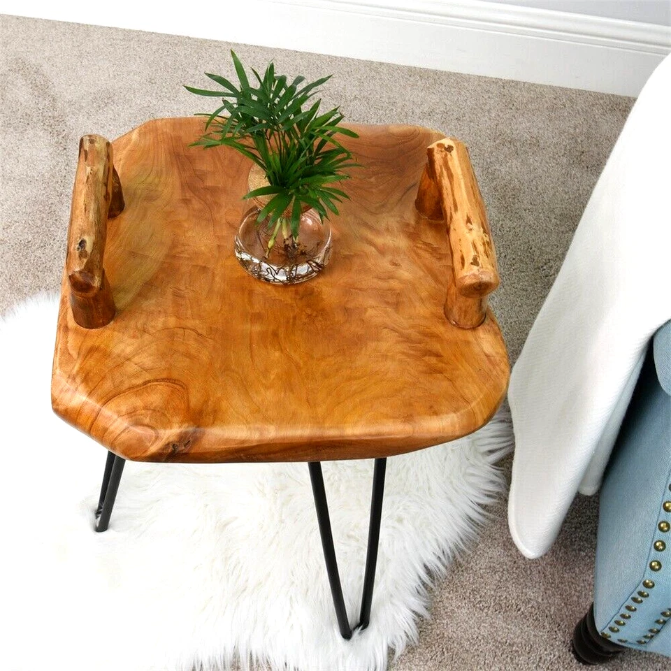 Mesa Bandeja de Servicio de Cedro GREENAGE, Mesa de Extremo de Borde Natural 15" x 15" x 23.5" de Alto Foto 3 de 4