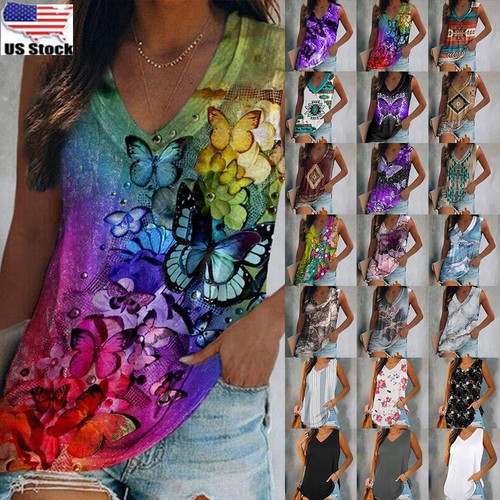 Women Casual V Neck Tank Tops Summer Sleeveless Loose Vest Tunic T-Shirt Blouse