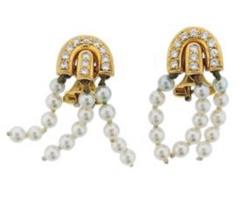 18K Yellow Gold Diamond Pearl Dangle Fringe Vintage Earrings Clip-On - Picture 4 of 12