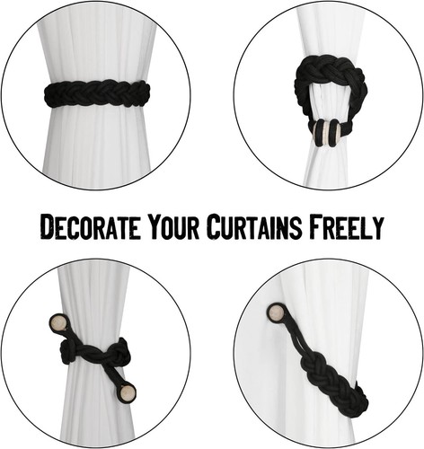 Magnetic Curtain Tiebacks 4 Pack Woven Drapery Holdbacks Black Home Window Decor - Picture 5 of 7