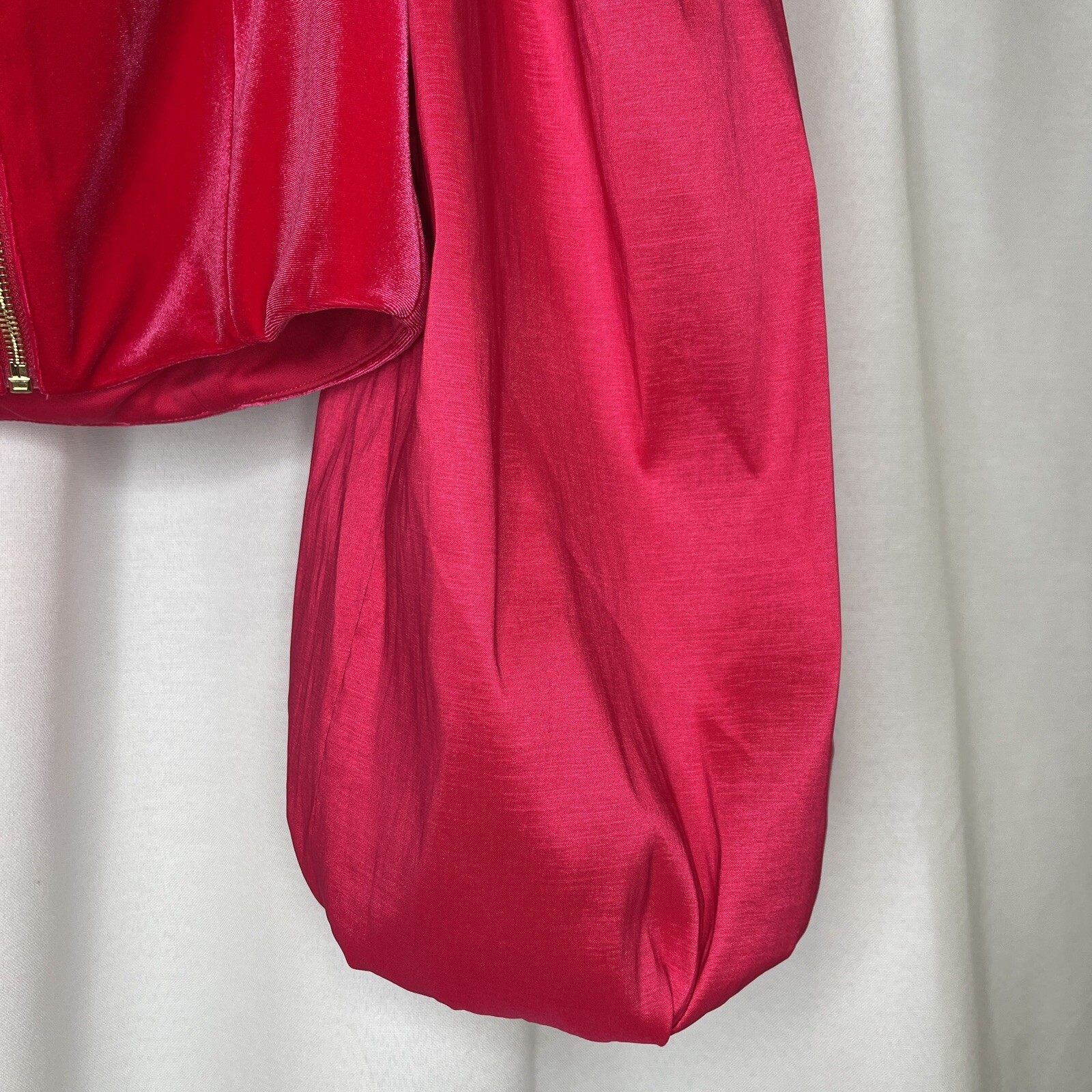 Sheike Hot Pink Velvet Top Blouse Size 14 Cropped Puff Balloon Sleeve Zip Party - Picture 9 of 13