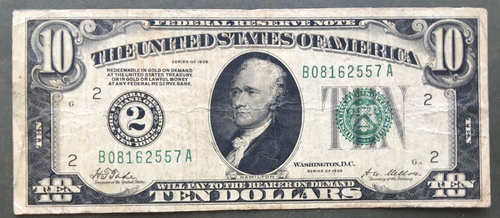 1928 $10 FRN [] NEW YORK [] GOLD / BIG 2 NUMERIC SEAL  [] RARE  SN# B 08162557 A - Picture 1 of 3