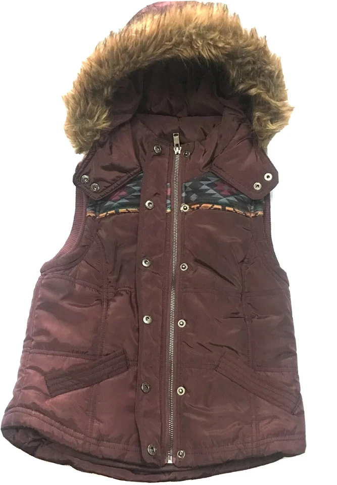 Colete acolchoado infantil Coffeeshop médio borgonha capuz de pele sintética unissex com zíper frontal - Imagem 2 de 4