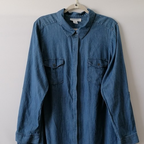 Motherhood Women's Blue Roll Tab Sleeve Denim Midi Shirtdress Maternity Size 1X - Picture 2 of 9