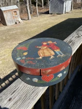 Vintage Round Wooden Hand Painted Decorated Pantry Storage Box With Lid Folk Art