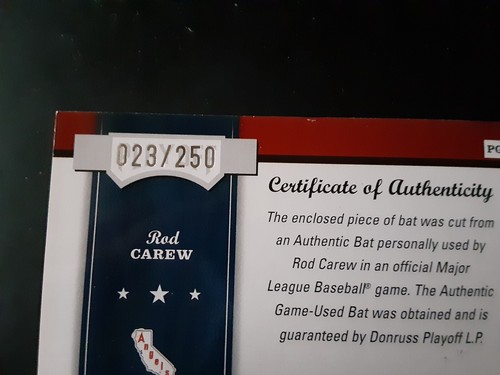 2004 Playoff Honors Rod Carew Piece Of The Game Used Bat Relic #023/250 Angels  - Picture 3 of 4