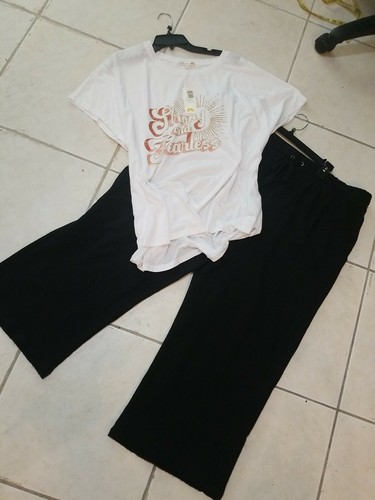 C&C California White T Shirt Crop Black Sweatpants SET Size 3X Stretchy NWT$140