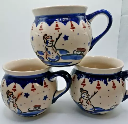 3 Polish Pottery 8 oz Bubble Mugs Snowman Hand Painted in Boleslawiec