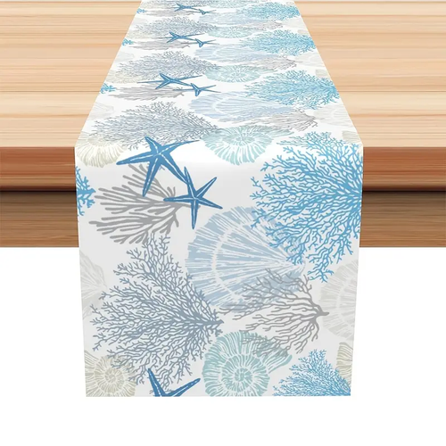Coastal Decor Ocean-Inspired Design Table Runner - 13" x 108" - Corals, Seashell - Picture 1 of 5