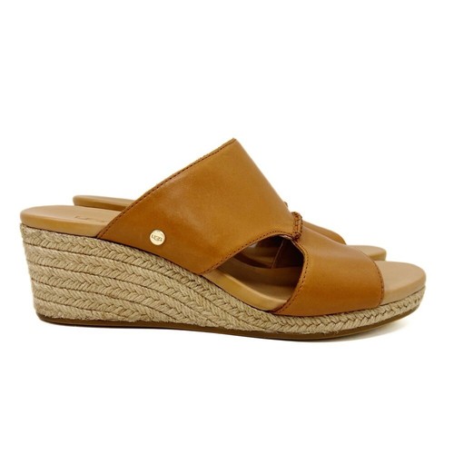 UGG Eirene Wedge Espadrille Slide Sandals Tan Brown Leather Womens Size 9.5 - Picture 2 of 13
