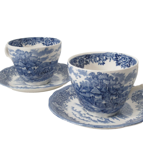 English Village Salem China Olde Staffordshire England 2 Tea Cups Saucers Blue - Picture 2 of 10