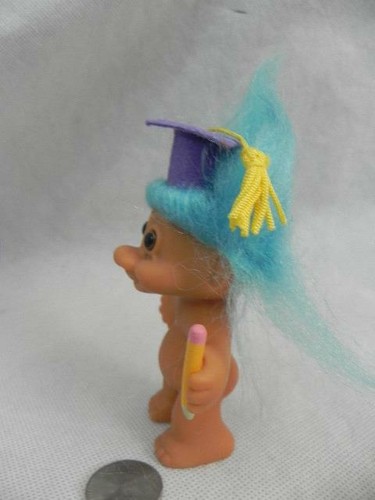 Vtg RUSS 3" Nude GRADUATE Troll DOLL Cap w Tassle & Pencil Turquoise Blue Hair - Picture 3 of 6
