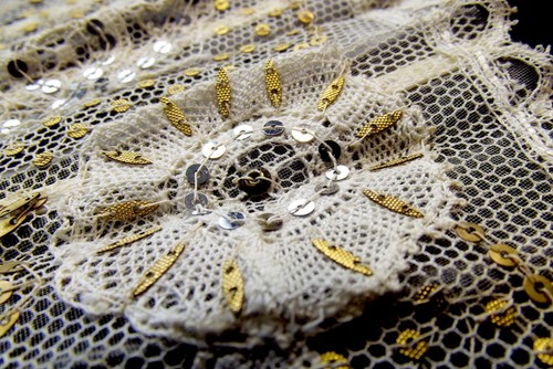 Rare Tinted Mother of Pearl Antique Hand Fan Sequinned Lace eventail nacre - Picture 7 of 15