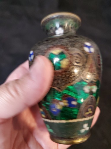 Antique Chinese Cloisonne Vase Multi Color Beautiful Design Blue Interior - Picture 11 of 24