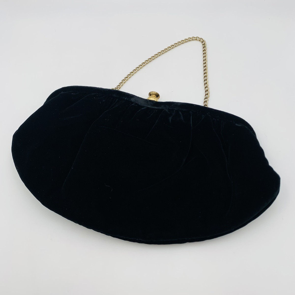 Black Velvet Clutch Handbag Purse Snap Lock Chain Handle Evening Estate Vintage