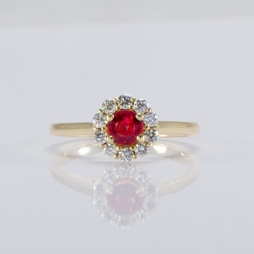 Natural Round Ruby Halo Ring | 18K Yellow Gold Ruby Ring - Picture 5 of 6