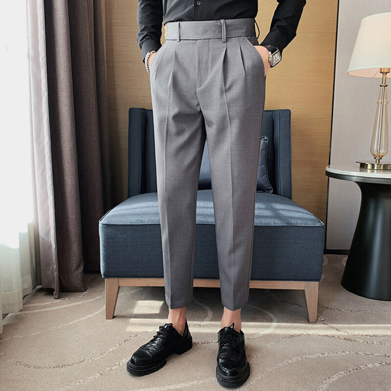 Men High Waist Belted Dress Pants Pleated Office Capri Crop