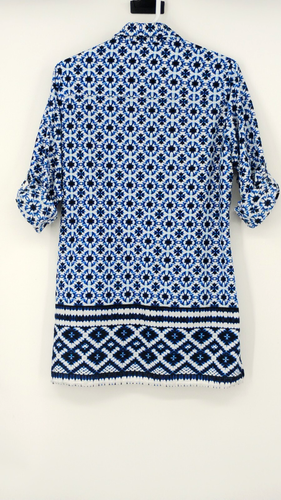 NEW Tommy Bahama Blue White Shibori Plunge Boyfriend Shirt Tunic Roll Tab Medium - Picture 20 of 22