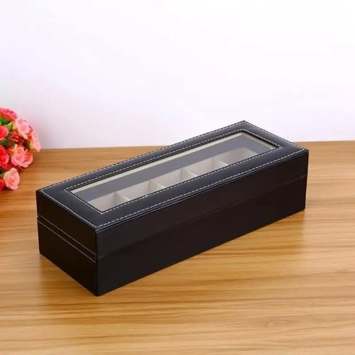 6 Slot Black Faux Leather Watch Box with Velvet Lining - Picture 4 of 10